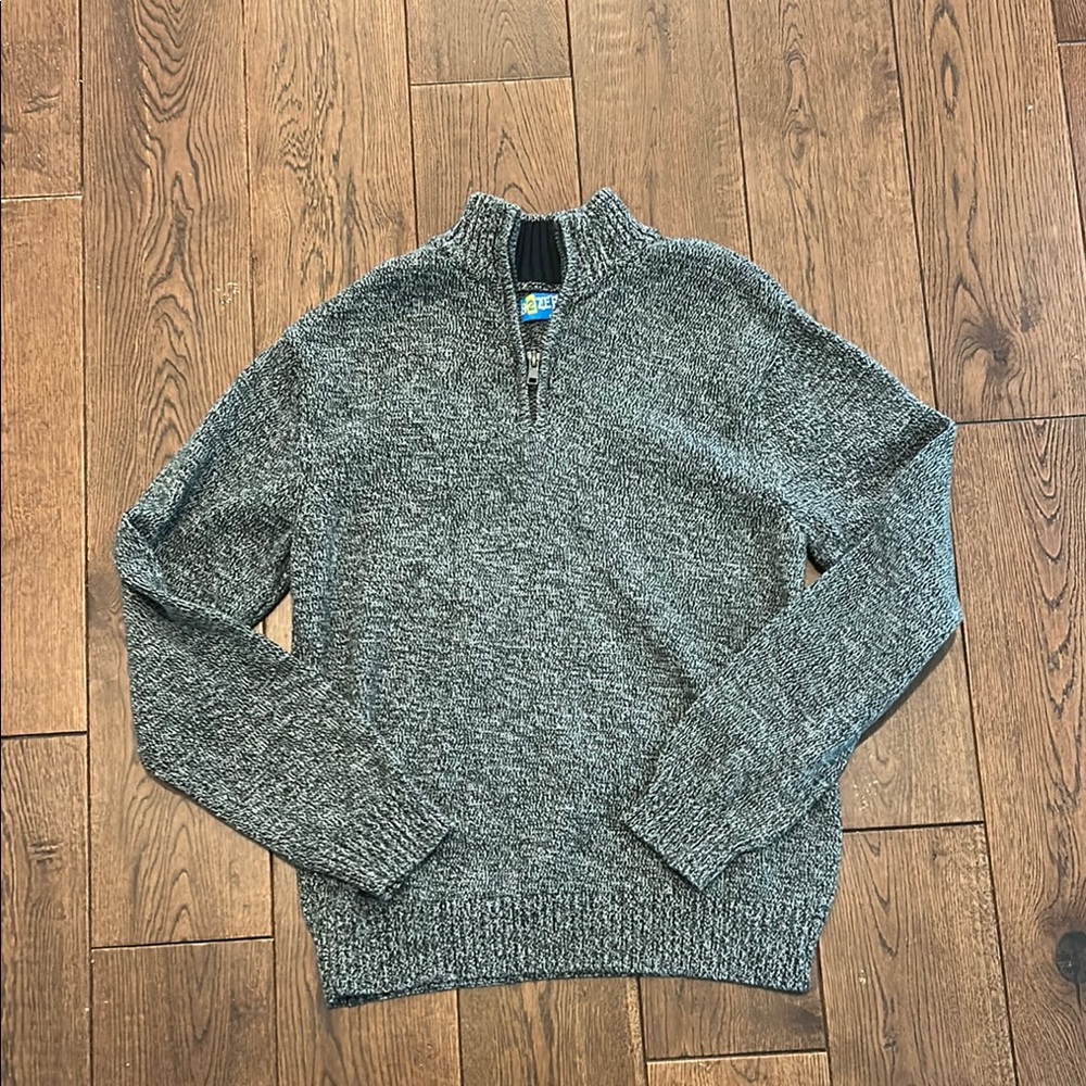 Gray Knit Quarter-Zip Sweater with Stand-Up Collar